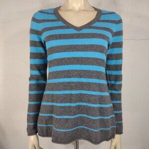 C. Cashmere blue gray striped 2-Ply V-Neck pullover sweater ladies Medium